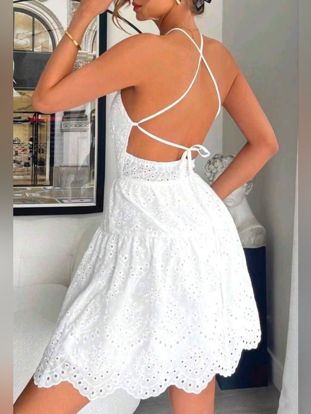 New Boho Embroidered Eyelet Lace Tie Halter Scalloped Hem Short Dress White - Picture 4 of 8